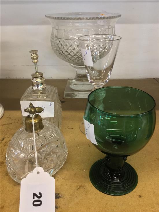 Cut glass bowl, 2 atomisers and 2 drinking glasses